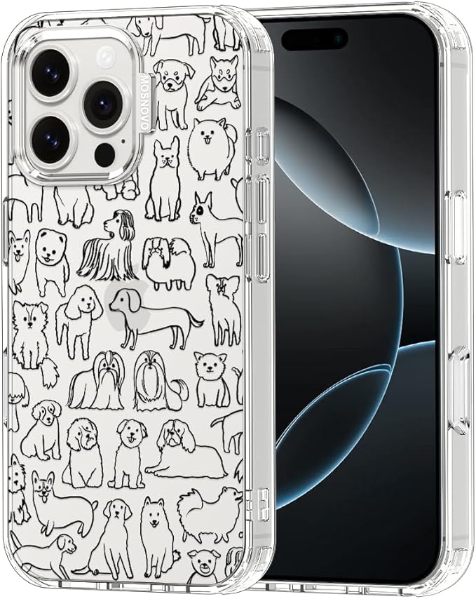 MOSNOVO Case for iPhone 16 Pro Max, [Buffertech 6.6ft Military-Grade Drop Protection] [Anti Peel Off Tech] Clear TPU Bumper Phone Case Cover Design - Doodle Dog