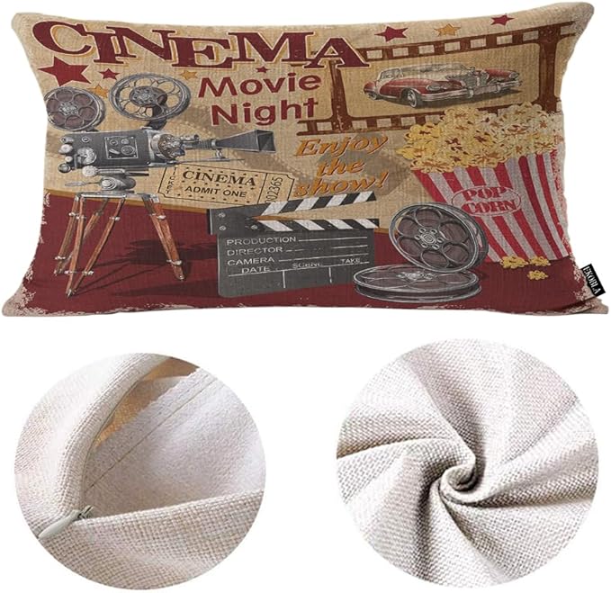 EKOBLA Throw Pillow Case 12x20 Inch Cinema Retro Poster Letters Movie Night Enjoy The Show Pop Corn Projector Studio Decorative Throw Pillow Cover Rectangle Cushion Covers Cotton Linen 12x20 Inch