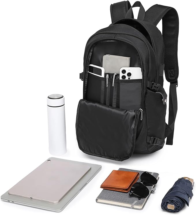 Kono Travel Laptop Backpack with USB Charging Port, Business Anti Theft Slim Sturdy Personal Item Bag, Water Resistant College Computer Daypack for Men & Women Fits 15.6 Inch Notebook, Black