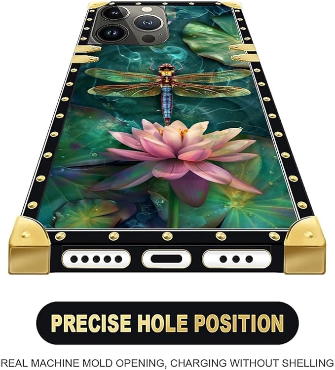 Compatible with iPhone 16 Pro Case, Colourful Dragonfly Pink Lily Pads Luxury Golden Decoration for Girl Women Soft TPU Shockproof Protective Hard PC Back