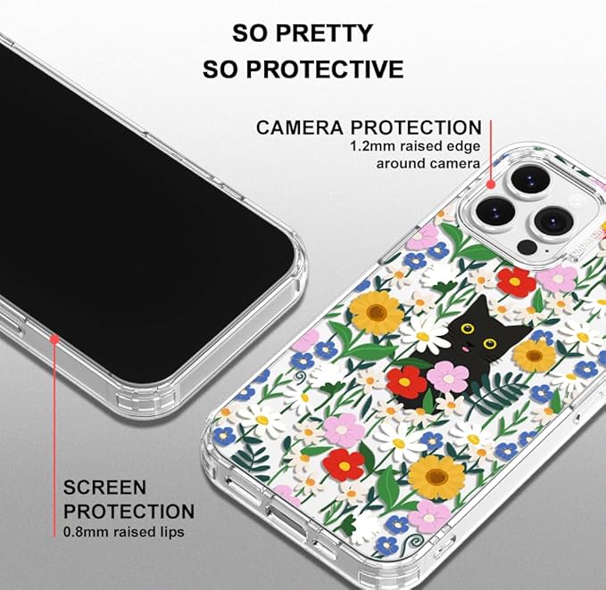 MOSNOVO Case for iPhone 13 Pro Max, [Buffertech 6.6ft Military-Grade Drop Protection] [Anti Peel Off Tech] Clear TPU Bumper Phone Case Cover Design - Black Cat in Garden