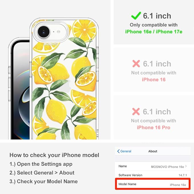 MOSNOVO for iPhone 17e Case/iPhone 16e Case, Shockproof Military-Grade Protection 6.6ft Drop Tested, Clear Phone Case for iPhone 16e / iPhone 17e, Lemon Design
