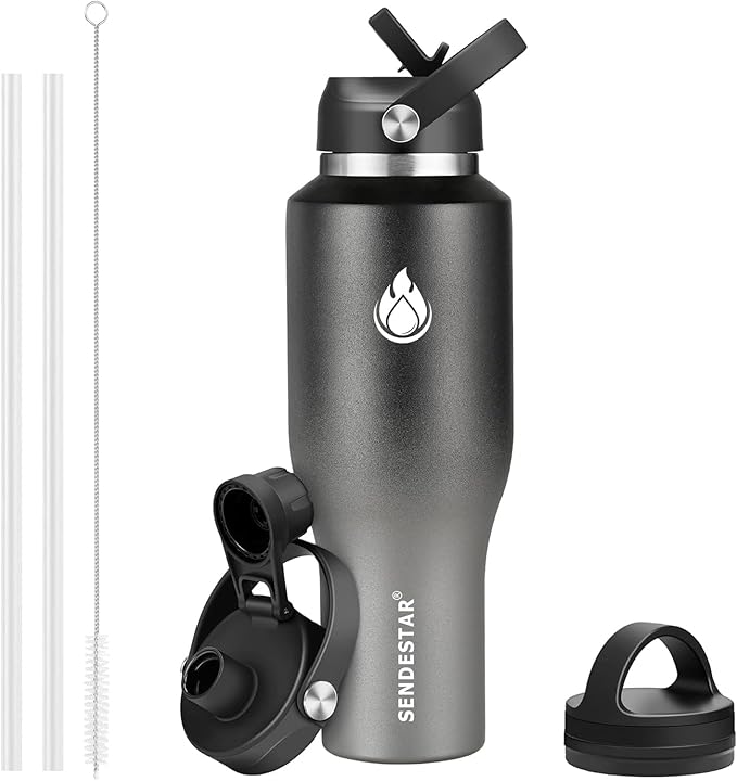 32oz Stainless Steel Water Bottle (Cold for 48 Hrs, Hot for 24 Hrs),Double Wall Vacuum Insulated Bottle with Straw Lid, Spout Lid and Flex Cap, Fit in Any Car Cup Holder