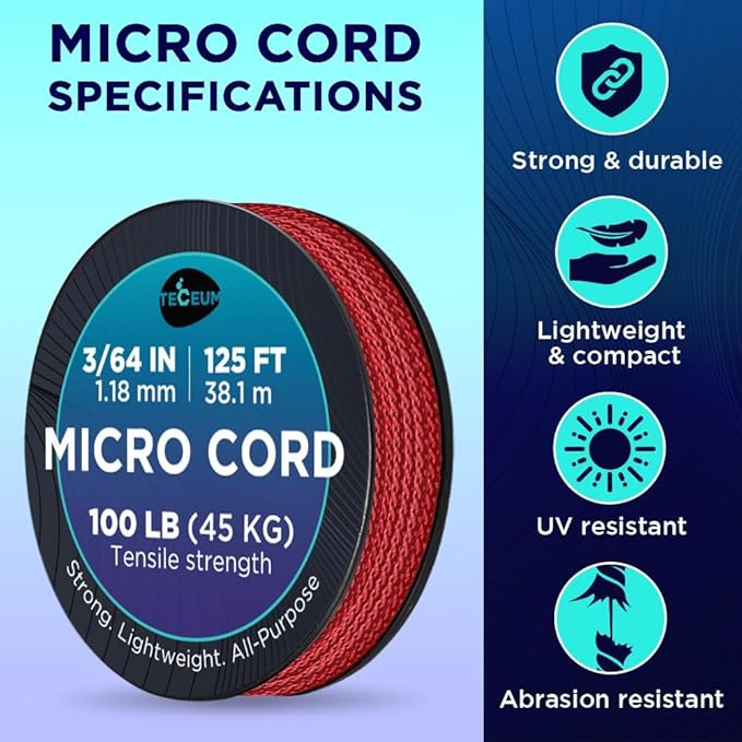 TECEUM Micro Paracord – 1.18 mm X 125 ft – Micro Utility Cord – Thin Braided Paracord Rope – Best for Crafting, DIY Projects, Fishing, Camping – Wind Chime Replacement – Survival Strong String
