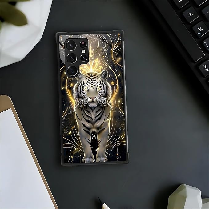 for Samsung Galaxy S22 Ultra Case, White Tiger Golden Mystery Pattern Graphic Design Girl Boy Soft Silicone Hard Acrylic Shock Protection for Samsung Galaxy S22 Ultra