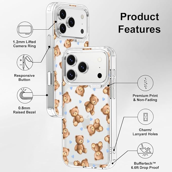 MOSNOVO for iPhone 17 Pro Case, Shockproof Military-Grade Protection 6.6ft Drop Tested, Camera Control, Clear Phone Case for iPhone 17 Pro, Teddy Mood Design