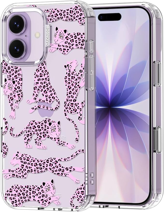 MOSNOVO for iPhone 17 Case | Military Grade 6.6ft Drop Tested | Camera Control | Clear with Pink Leopard Design