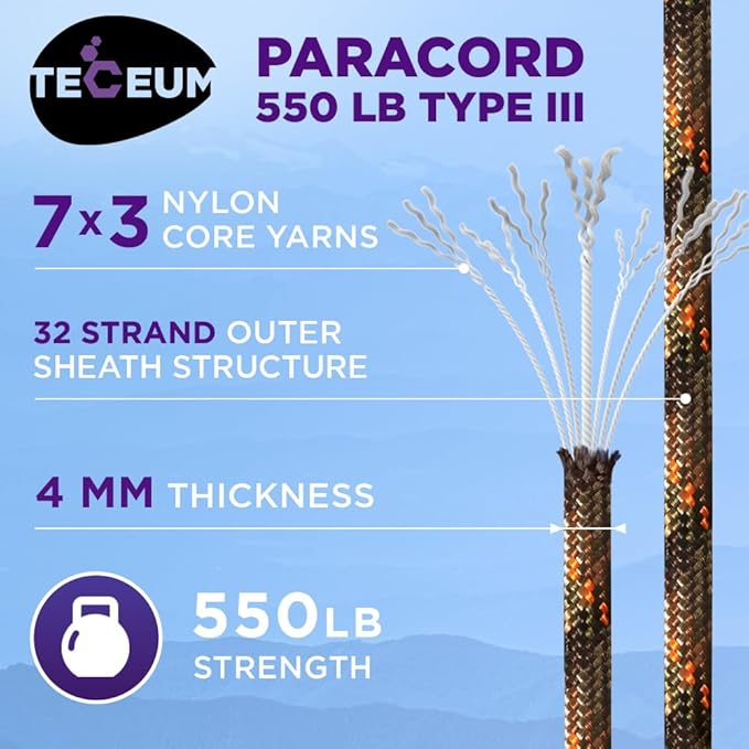TECEUM Reflective Paracord Rope 1000 – 1000ft/200ft/100ft/50ft – 40+ Colors – Glow in The Dark – para Cord – Utility Rope for Survival, Hunting & Camping Gear – Nylon String, Camping Rope, Tent Cord