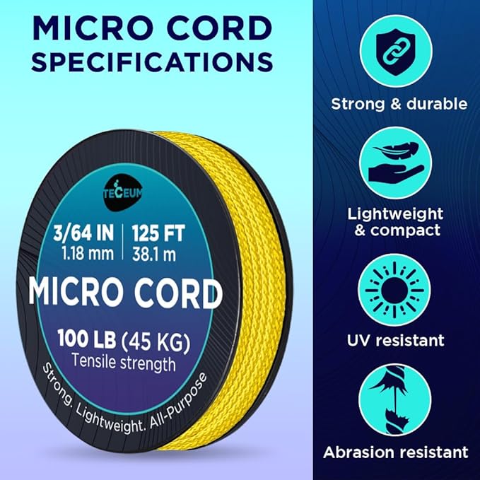 TECEUM Micro Paracord – 1.18 mm X 125 ft – Micro Utility Cord – Thin Braided Paracord Rope – Best for Crafting, DIY Projects, Fishing, Camping – Wind Chime Replacement – Survival Strong String