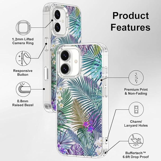 MOSNOVO for iPhone 17 Case | Military Grade 6.6ft Drop Tested | Camera Control | Clear with Tropical Rainforests Design