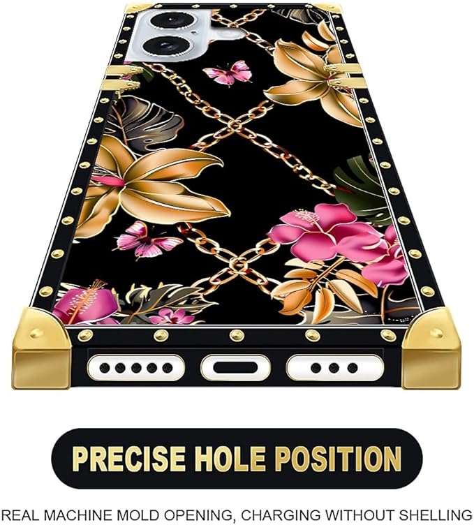 Compatible with iPhone 16 Case, Pink Golden Chain Tropical Flower Luxury Golden Decoration for Girl Women Soft TPU Shockproof Protective Hard PC Back