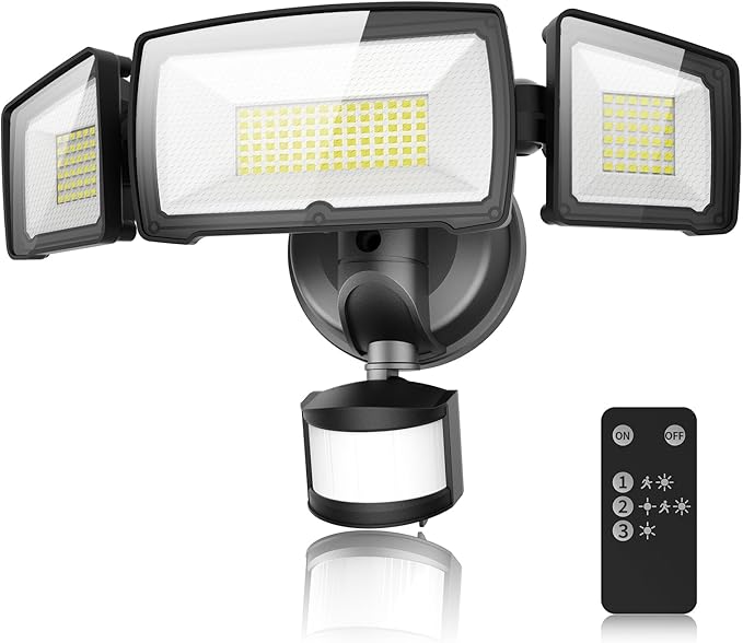 100W LED Security Lights, 11000LM Hardwired Flood Lights with Remote Control, Motion Sensor Outdoor Lights, 3 Adjustable Heads, IP66 Waterproof, Dusk to Dawn Outdoor Lighting for Yard Garage