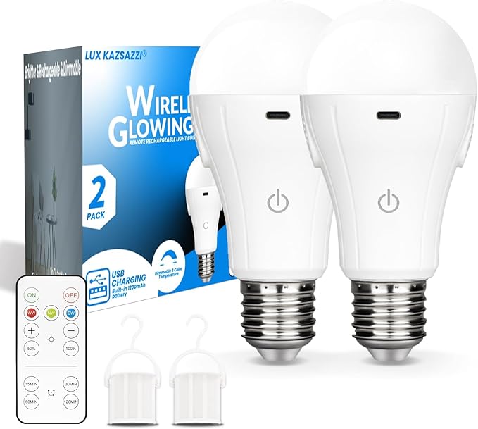 WirelessGlow Rechargeable Light Bulbs with Remote, 3 Color Temperatures and Dimmable Battery Operated Light Bulbs, Touch Control + USB Rechargeable Battery Light Bulb, A19, 2 Pack