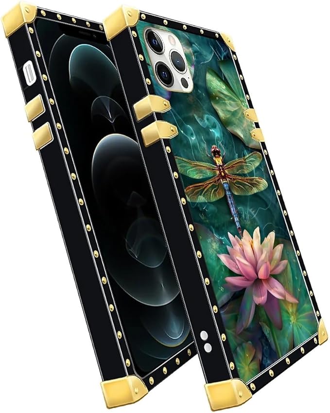 Compatible with iPhone 11 Pro Max Case, Colourful Dragonfly Pink Lily Pads Luxury Golden Decoration for Girl Women Soft TPU Shockproof Protective Hard PC Back for iPhone 11 Pro Max