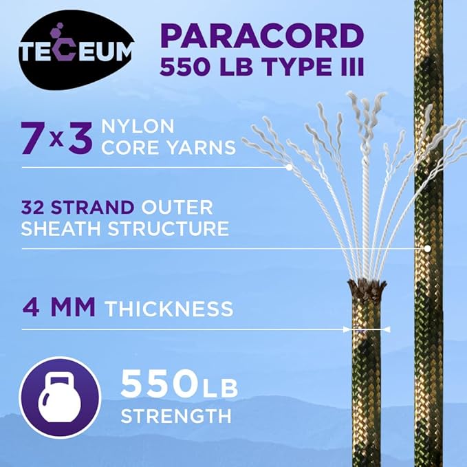 TECEUM Reflective Paracord Rope 1000 – 1000ft/200ft/100ft/50ft – 40+ Colors – Glow in The Dark – para Cord – Utility Rope for Survival, Hunting & Camping Gear – Nylon String, Camping Rope, Tent Cord