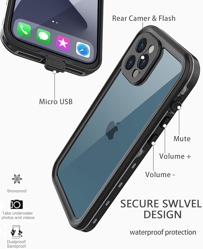 for iPhone 12 Pro Max Waterproof Case 6.7'' - Shockproof, Dustproof, with Screen Protector - Black