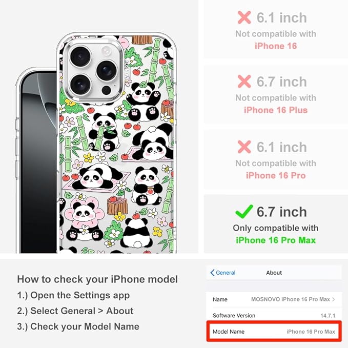 MOSNOVO for iPhone 16 Pro Max Case, Shockproof Military-Grade Protection 6.6ft Drop Tested, Clear Phone Case for iPhone 16 Pro Max, Kawaii Panda Garden Design
