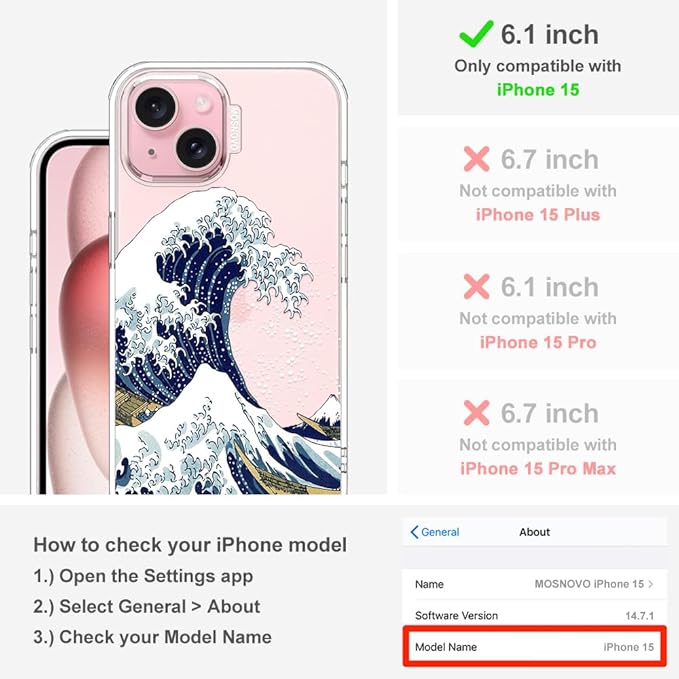 MOSNOVO Case for iPhone 15, [Buffertech 6.6ft Military-Grade Drop Protection] [Anti Peel Off Tech] Clear TPU Bumper Phone Case Cover Design - Great Wave