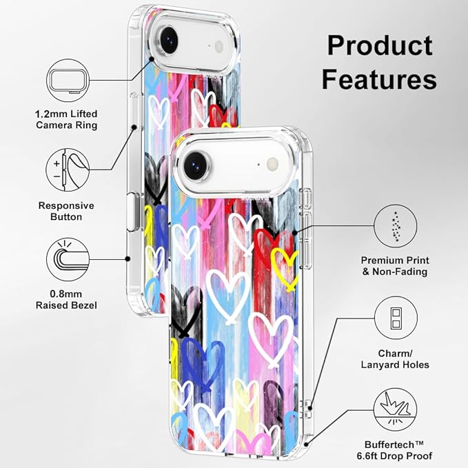 MOSNOVO for iPhone Air Case, Shockproof Military-Grade Protection 6.6ft Drop Tested, Camera Control, Clear Phone Case for iPhone 17 Air, Graffiti Hearts Design