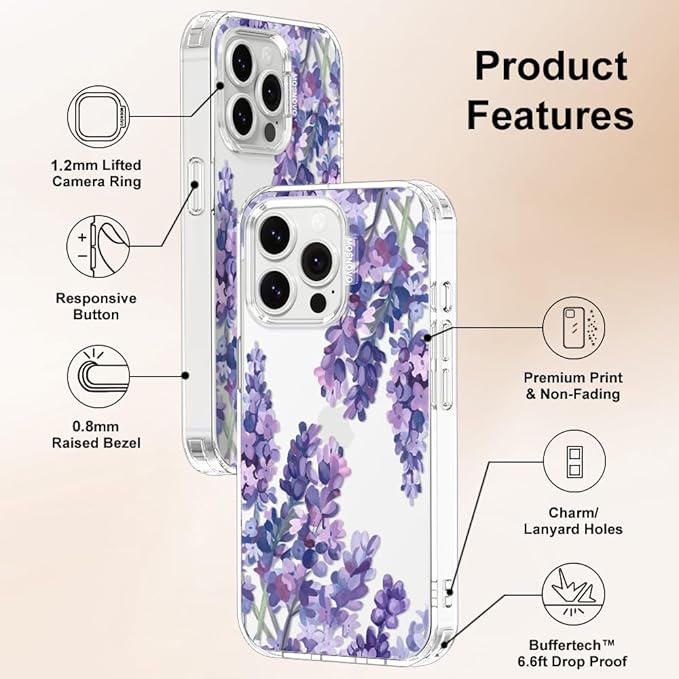 MOSNOVO Case for iPhone 14 Pro Max, [Buffertech 6.6ft Military-Grade Drop Protection] [Anti Peel Off Tech] Clear TPU Bumper Phone Case Cover Design - Lavender