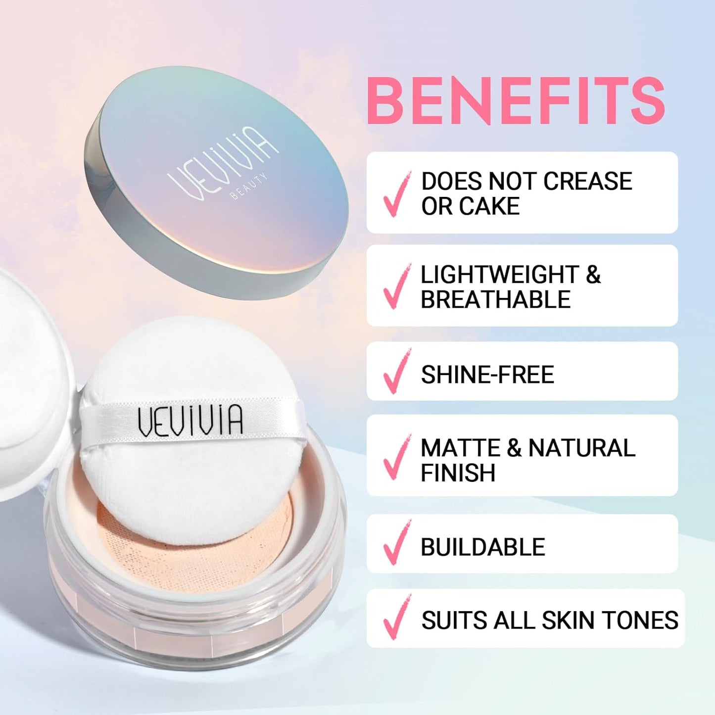 Vevivia Setting Powder - Creaseless Face Powder, Long Lasting Loose Powder Makeup with Blurring and Natural Finish, Loose Setting Powder for All Skin Types, Shine Control, Up to 24 Wear, Lavender