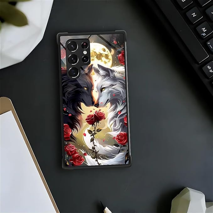 for Samsung Galaxy S22 Ultra Case, Black White Wolf Moon Flower Rose Pattern Graphic Design Girl Boy Soft Silicone Hard Acrylic Shock Protection for Samsung Galaxy S22 Ultra
