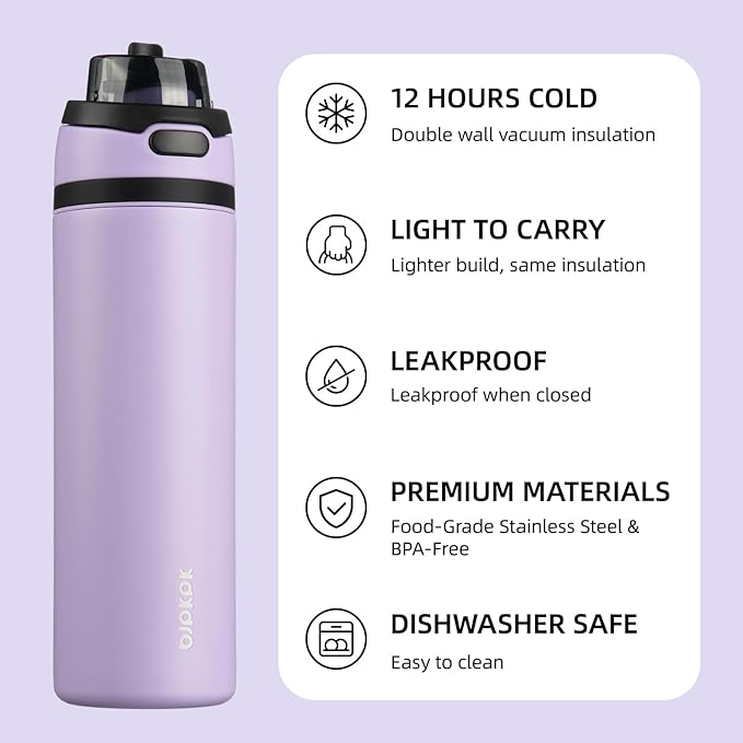 BJPKPK 25oz Insulated Water Bottle with 2-1 Straw Spout Lid, Stainless Steel Metal Water Bottles with Carry Handle, BPA Free, Leak-Proof, Fits in Car Cup Holder, Thermo for Sports,Lavender