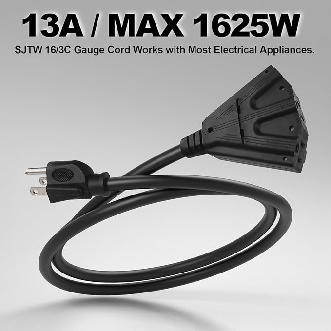 EP 15 Ft Outdoor Extension Cord with 3 Electrical Power Outlets - 16/3 SJTW Black Cable with 3 Prong Grounded Plug for Safety Great for Christmas Lights, Garden and Major Appliances