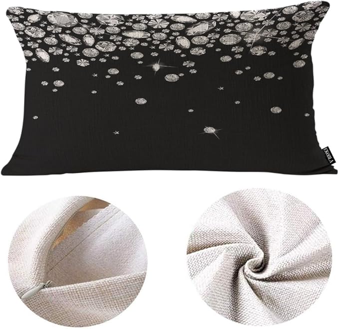 EKOBLA Shiny Diamond Rectangle Pillow Cases White Crystal Sparkle Gemstone Treasure Jewelry Waist Lumber Cotton Linen Cushion Cover Oblong Rectangle Pillowcase for Home Decoration Bedroom 12x20