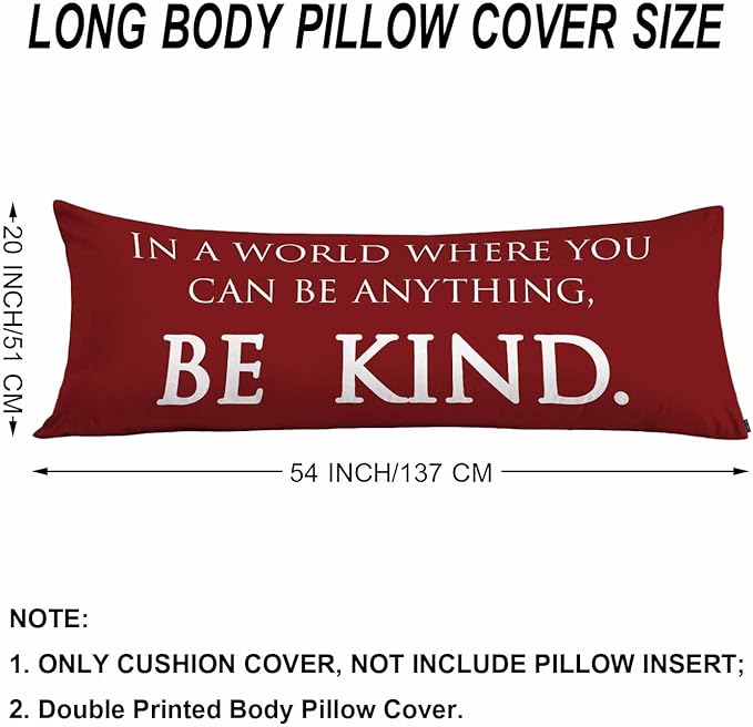 Inspirational Quotes Body Pillows Covers for Adults, Be Kind Large Body Pillow Covers Lumbar Body Pillow Case 20"X54" Body Pillowcase Cushion Cover for Home Bedroom Office Hotel, Red