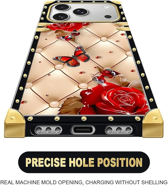 for iPhone 17 Pro Case Luxury Golden Decoration for Girl Women Soft TPU Shockproof Protective Hard PC Back for iPhone 17 Pro Crazy Pattern Shining Red Rose Butterfly Leather Background