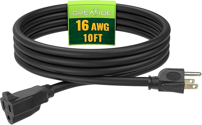 Indoor Outdoor Extension Cord 10 FT, 16/3 SJTW Weatherproof Black Electrical Cords, 13 AMP Heavy Duty 3 Prong Power Cable Great for Garden, Landscaping & Holiday Decorations