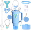 9pcs Stanley Cup Accessories Set- for 30oz 40oz Tumblers with Handle - Bule Kit Includes Bow Straw Topper and Boot, Charm, Pearl Handle Strap & Stickers - Aesthetic Girl Gifts (Y)