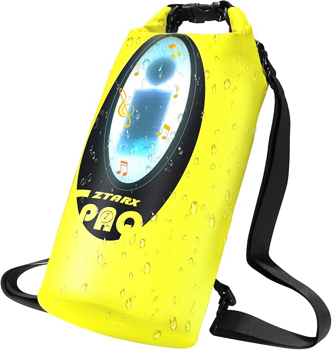 FELICON Solar/Battery Multi-Functional Backpack with Bluetooth Speaker,IP66 Waterproof Dry Bag,Heavy Duty Roll Top Closure,Large Capacity Bag for Camping,Hiking,Traveling (Neon Yellow 10L)
