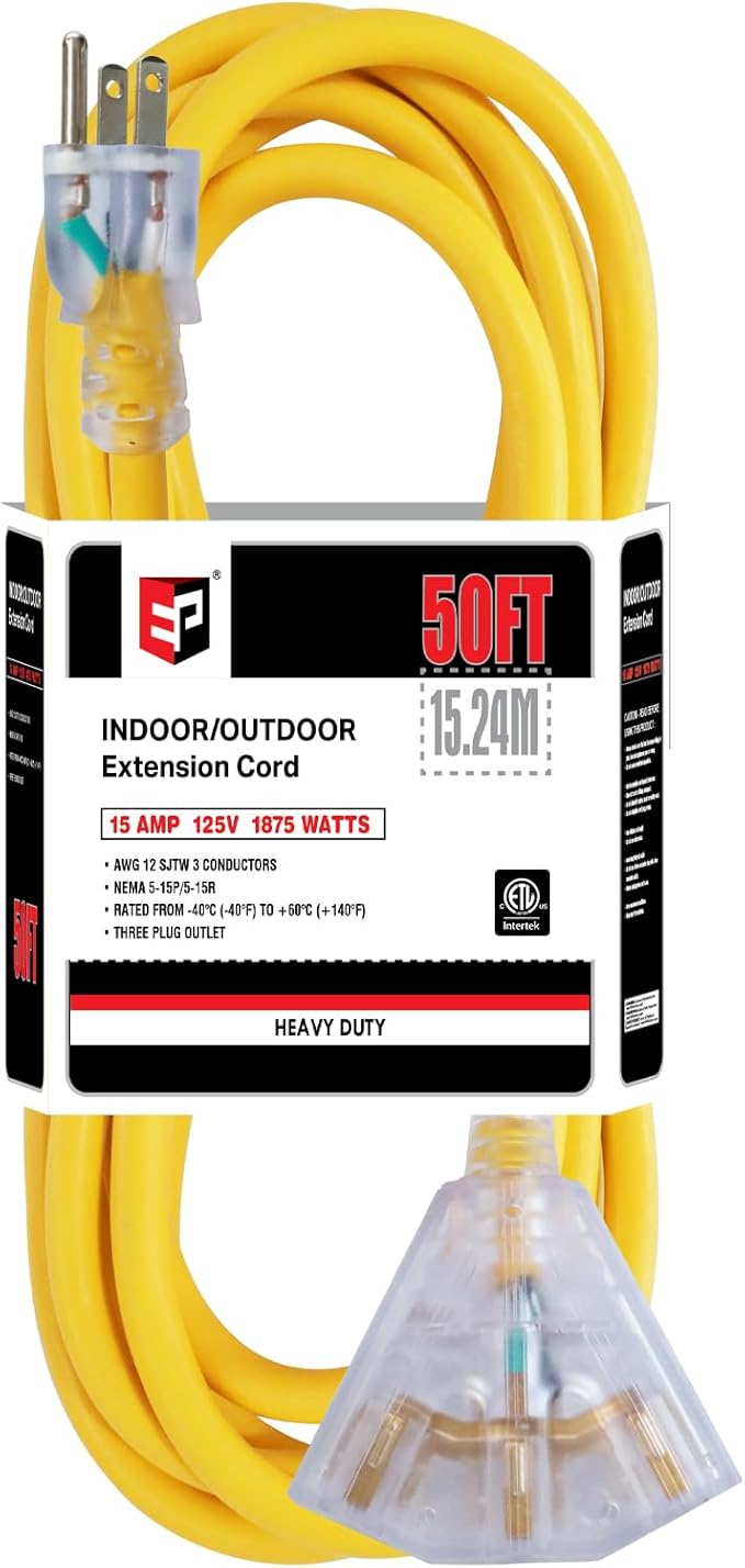 EP 50 Ft 12 Gauge Heavy Duty Extension Cord, 15A 125V 1875W, 3 Outlet Indoor/Outdoor Power Cord with Lighted End, 12/3 SJTW Weatherproof Yellow