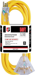 EP 50 Ft 12 Gauge Heavy Duty Extension Cord, 15A 125V 1875W, 3 Outlet Indoor/Outdoor Power Cord with Lighted End, 12/3 SJTW Weatherproof Yellow