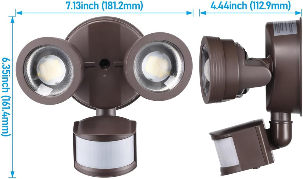 LEONLITE 25W LED Security Light Outdoor Motion Sensor, Motion Flood Lights for Outside, 30°-80° Beam Angle Adjustable, Dual-Head Security Light, Wet Location, ETL Listed, 5000K Daylight, Bronze