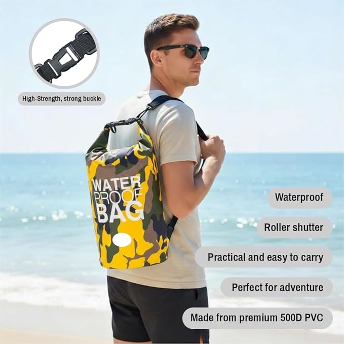 Waterproof Backpack Roll Top Dry Bag Set of 3 (2L 5L 10L) – PVC Dry Bags Waterproof for Kayaking, Camping, Beach & Travel – Floating Outdoor Dry Sack (Light Blue, Pink, Yellow Camouflage)