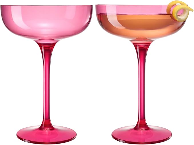 Khen Acrylic Shatterproof Martini, Margarita, Champagne & Cocktail Unbreakable Glasses | Set of 2 | 15oz Large Plastic Coupe Glasses, Tritan Drinkware, BPA-Free, Reusable, Pool (Pink)