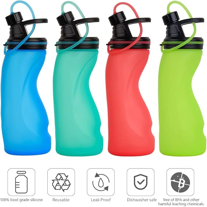 E-Senior Collapsible Water Bottle BPA Free - Foldable Water Bottle for Travel Sports Bottles with Triple Leak Proof Lightweight 17oz (Upgraded Aqua Blue)