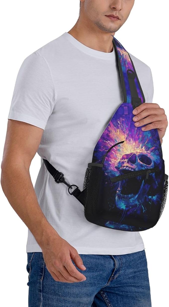 Trippy Skull Sling Bag Crossbody Travel Hiking Chest Backpack Shoulder Daypack For Women Men