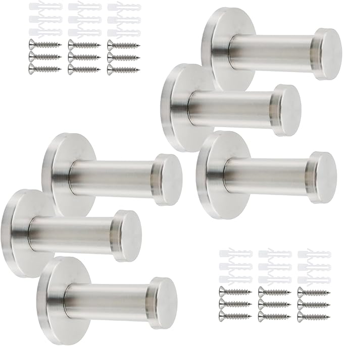 Wall Hooks Heavy Duty Coat Hooks Stainless Steel Clothes Hanger for Hanging Bathroom Towels Handbag Silver 2-inch Length with 16mm Shank Dia - Pack of 6