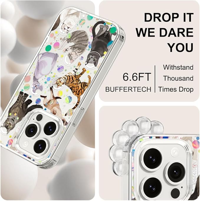 MOSNOVO Case for iPhone 15 Pro, [Buffertech 6.6ft Military-Grade Drop Protection] [Anti Peel Off Tech] Clear TPU Bumper Phone Case Cover Design - Space Cat
