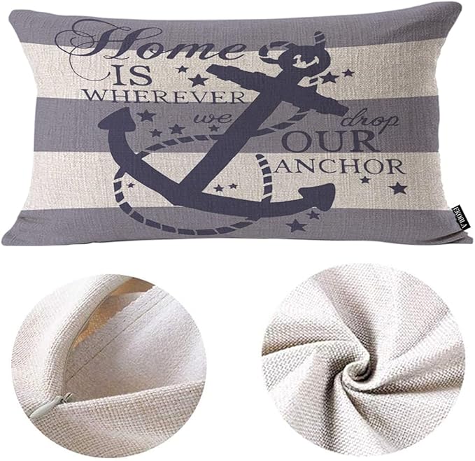EKOBLA Nautical Pillow Covers Home is Wherever We Drop Our Anchor Waist Lumbar Cotton Linen Cushion Cover Oblong Rectangle Pillowcase for Men Women Home Decoration Bedroom 12x20 Inches
