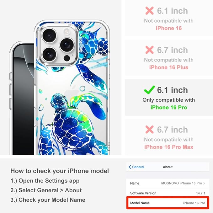 MOSNOVO Case for iPhone 16 Pro, [Buffertech 6.6ft Military-Grade Drop Protection] [Anti Peel Off Tech] Clear TPU Bumper Phone Case Cover Design - Sea Turtles