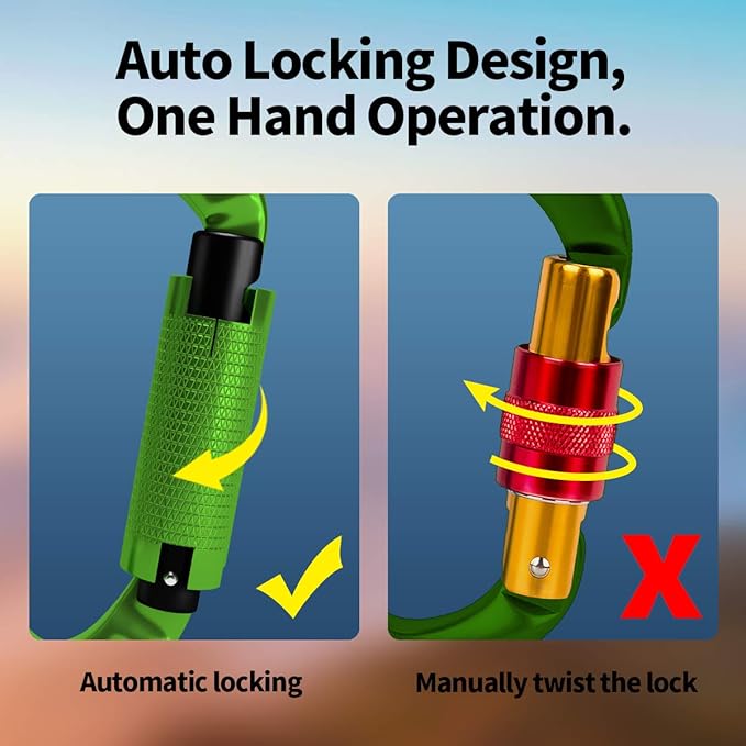 FVW Auto Locking Rock Climbing Carabiner Clips,Professional 25KN (5620 lbs) Heavy Duty Caribeaners for Rappelling Swing Rescue & Gym etc, Large D-Shaped Carabiners