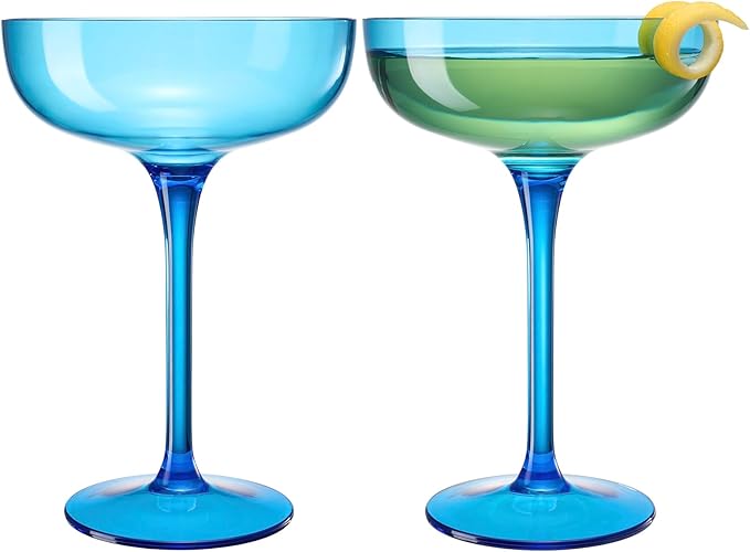 Acrylic Shatterproof Martini, Margarita, Champagne & Cocktail Unbreakable Glasses | Set of 2 | Large Plastic Coupe Glasses 15oz, Tritan Drinkware, BPA-free, Reusable, Pool, Indoor & Outdoor (Blue)