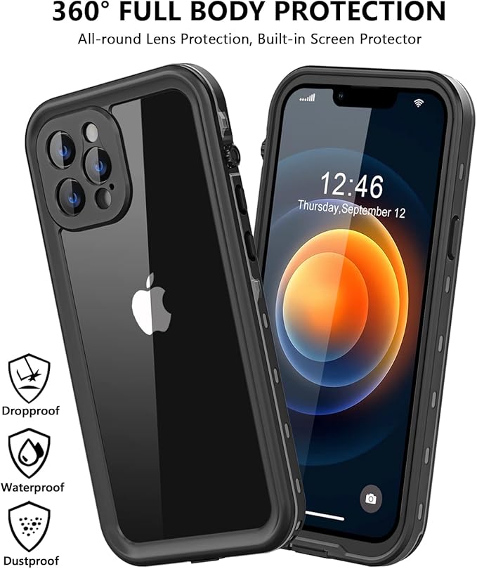 Protebox for iPhone 12 Pro Waterproof Case with Built-in Screen Protector, Shockproof Dustproof Full Body Protective IP68 Waterproof Phone Case for iPhone 12 Pro 6.1 inch (Black/Clear)