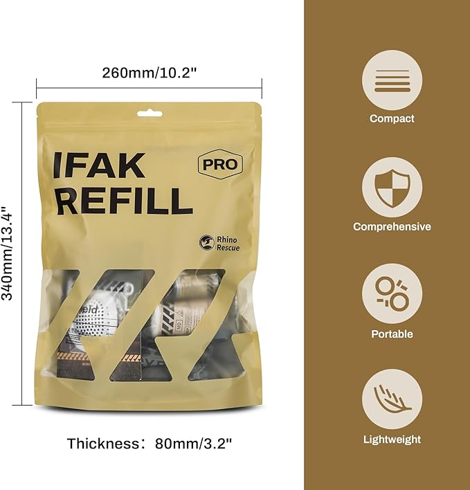 RHINO RESCUE IFAK Refill Kit 17Pcs with CAT Gen-7 Tourniquet, Emergency Tactical First Aid Kit Medical Supplies, IFAK Trauma Kit Combat Pack for Trauma Wound Care, Gunshot, Car & Camping(Brown)