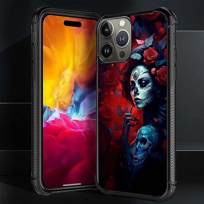 for iPhone 16 Pro Max Case, Skull Lady Rose Pattern Graphic Design Girl Boy Soft Silicone Hard Acrylic Shock Protection for iPhone 16 Pro Max